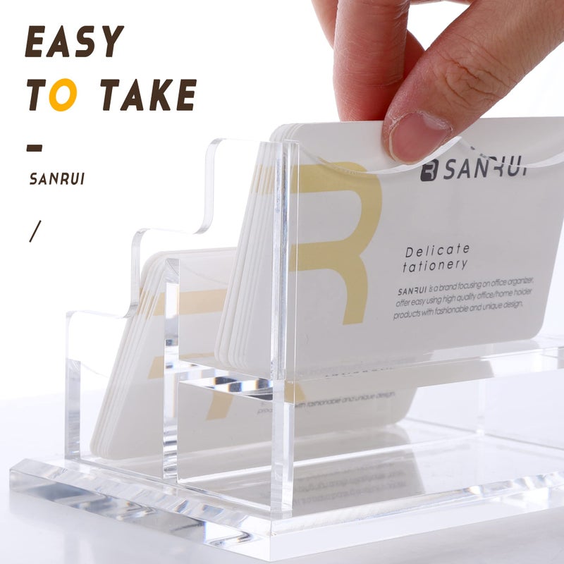 SANRUI Clear Horizontal Business Card Holder Stand for Desk  Acrylic Desktop Display Name Cards Holders Organizer Storage Rack for Exhibition  Home   Office  2 Tier 2 Pocket   120 Card Capacity - Image 3